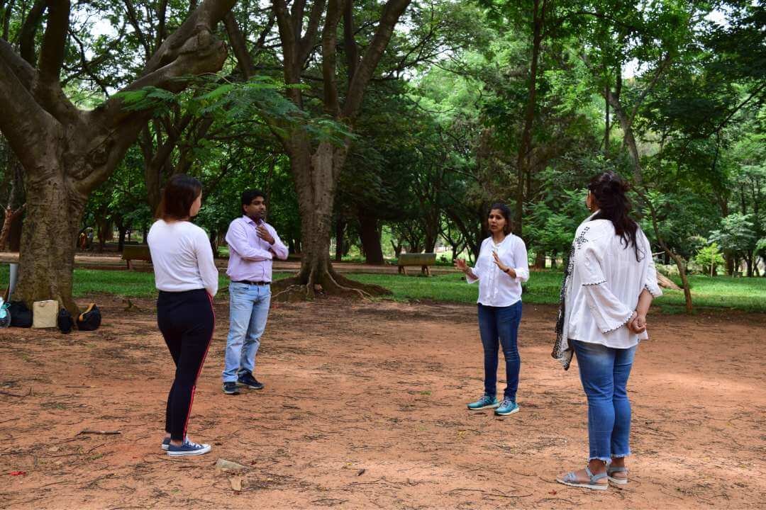 Team members standing in a circle on a lawn